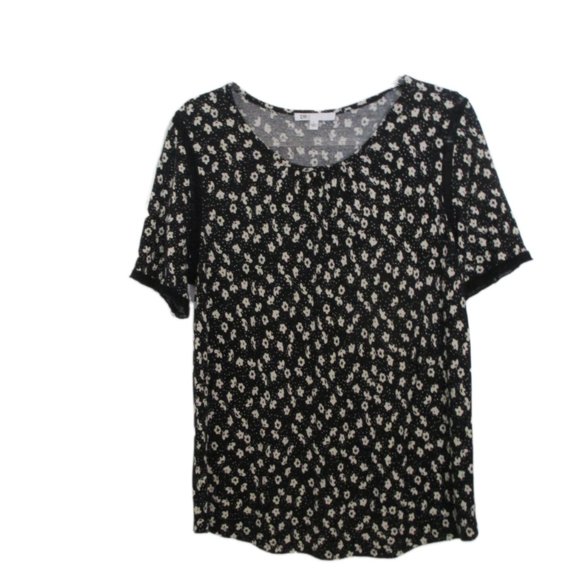 DR2 Black and Cream Rayon Linen Blend Floral Print Short Sleeve Top Size L - Picture 11 of 12